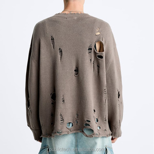 Personnalisé 400 Gsm Oversize Drop Shoulder Hommes Hoodies Déchiré Coton Ras Du Cou Vierge En Détresse Ras Du Cou Sweat - Product Image 2