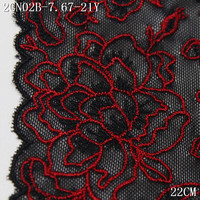 Vente en gros de dentelle extensible noire de 22 cm avec des fleurs rouges, tissu en maille élastique écologique pour sous-vêtements et lingerie féminine