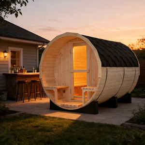 White Pine Barrel Sauna for 6 People 6KW <b>Heater</b> Rainproof Shingles & Two Porch Benches - Product Image 2