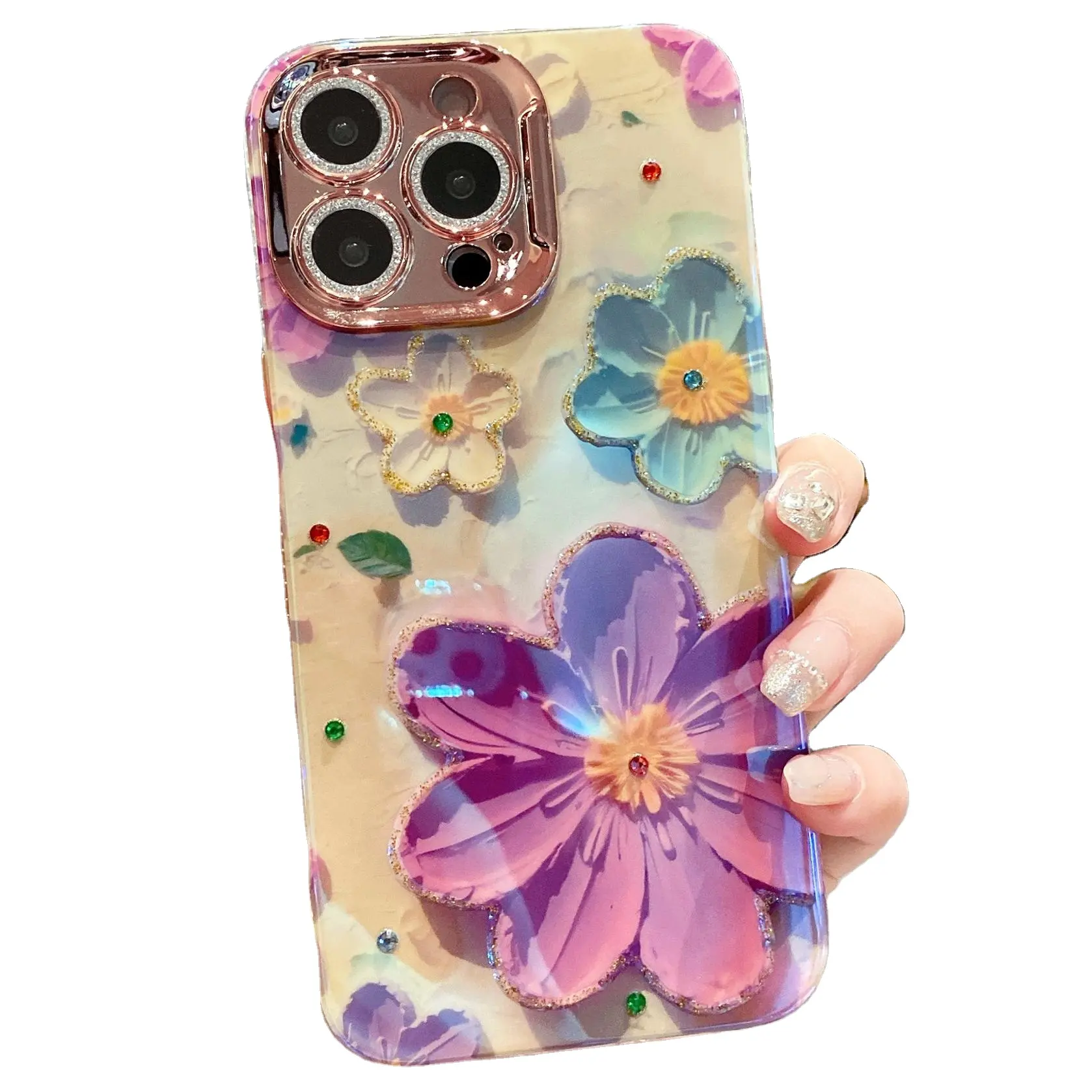 Diseño popular TPU con película de lente brillante 3D pintura al óleo flor funda de teléfono a prueba de golpes para iPhone15 14 13 12 11Pro Max