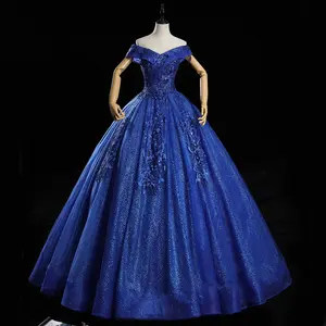 Royal Blauw/Zilver/Goud Kralen Applique Glanzend Glitter Tulle Baljurken Voor Meisjes Plus Size Jurken