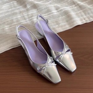 Sandales élégantes à bout carré et talon bas épais avec nœud décoratif, bride arrière, doublure en cuir véritable, chaussures pour femmes - Product Image 2