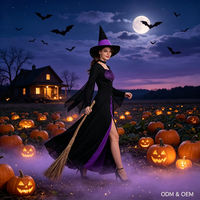 Costume de sorcière violette pour femmes, robe de vampire pour Halloween avec chapeau, longue robe pour adultes, cosplay, fête de carnaval, performance, ODM&OEM