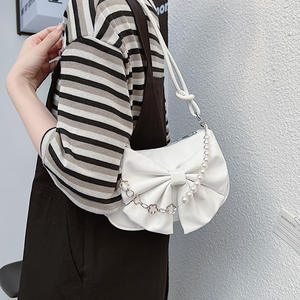 Bolso de Hombro de Moda para Mujer, Estilo Nicho, con una Sola Correa, Cierre de Cremallera de PU, Decoración con Cadenas y Lazo, Estilo Simple e Informal - Product Image 3