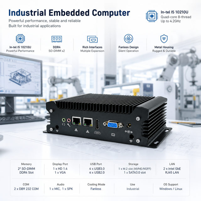 New 10th Generation Mini Industrial PC Dual LAN 8 USB 2 COM Dual Screen Display Embedded Fanless Intel UHD Graphics SSD