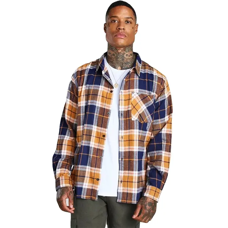 2023 New Men's 100% Cotton customized shirt Breathable Yellow Flannel Plaid Casual shirts for men