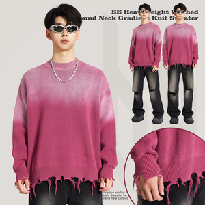 Felpa Vintage con Effetto Acid Wash, Taglio Corto, Sfumata e Invecchiata per Uomo, Maglione Lavorato a Maglia con Effetto Consumato - Product Image 1