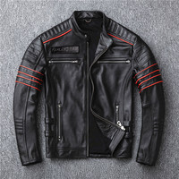 Blouson en cuir noir vintage pour homme, col montant, imprimé personnalisé, style motard décontracté, pour la moto