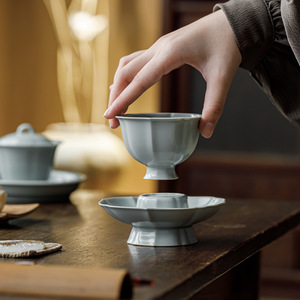 Sky Blue Ru Kiln Stem Tea <b>Cup</b> With Coaster Ceramic Master <b>Cup</b> <b>Set</b> New Chinese Style Home Tea Tasting - Product Image 2