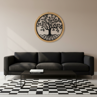Cadre en bois rond élégant avec motif de sculpture au laser de luxe décoration murale en métal pour salon décor à la maison