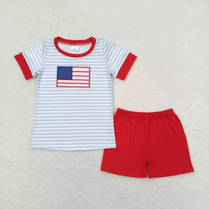 Conjunto de Ropa Infantil de Manga Corta con Bordado de la Bandera Americana para el Día de la Independencia del 4 de Julio, Ecológico y a Juego para Hermanos - Product Image 2