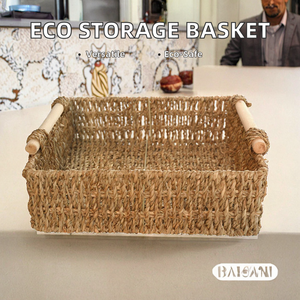 Home <b>Eco</b>-Friendly Wicker Multifunctional Desktop Storage Basket with Handle Rectangle Shape for Kitchen Fruit <b>Egg</b> Storage - Product Image 2