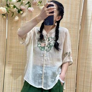 Traditional Chinese Embroidered Cotton Linen Short Sleeve Shirt Women Rose Pink Green Beige Summer Tea Dress Top - Product Image 4