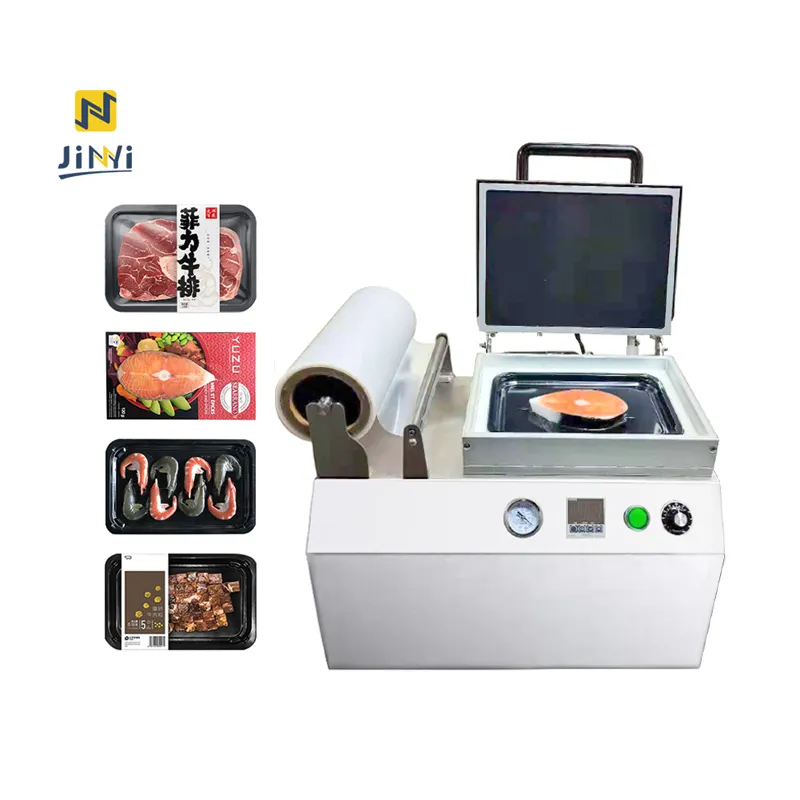 JINYI DQ240VST Food store homeuse tray seal skin pack machine cook food skin ready meal die cut skin pack machine