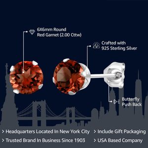 Gem Stone King 925 <b>Sterling</b> <b>Silver</b> Red Garnet <b>Stud</b> Earrings 6Mm Round Claw Setting Unisex January Birthstone - Product Image 2