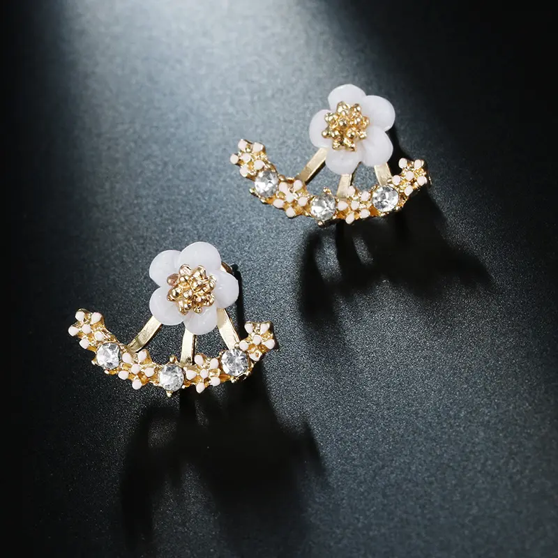 European Crystal Love Pendant Asymmetrical Star Leaf Back Hanging Pearl Rhinestone Stud Earrings