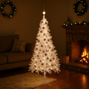 Árbol de Navidad artificial de PVC blanco de 59.1 pulgadas con luces LED y juego de bolas, árbol de pie para interiores con luz blanca cálida - Product Image 2