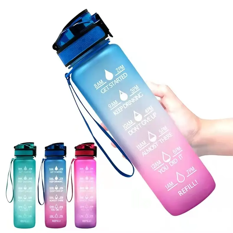 Garrafa de água motivacional de plástico gradiente para o esporte, portátil, ecológica, com logotipo personalizado, 32 onças, mais vendido nos EUA, Amz, com logotipo personalizado, livre de BPA