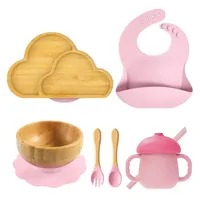 Assiette à ventouse en bois pour bébé, bol, cuillère, fourchette, assiette à dîner, vaisselle, bavoir pour enfants, ensembles de vaisselle