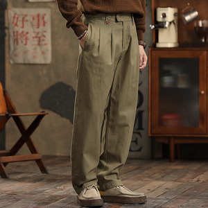Personalizado recto Nápoles Vintage pierna ancha Casual espiga 100% algodón estilo inglés plisado Gurkha Pantalones - Product Image 6