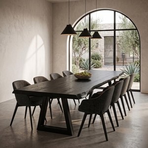 Mesa de Comedor Moderna Industrial de Madera Maciza con Borde Natural, Patas de Metal Negro y Sillas Tapizadas - Product Image 5