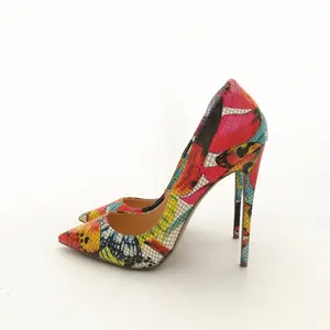 Wholesale Genuine leather Ladies women pump shoes pointed toe designer printed stiletto high heels