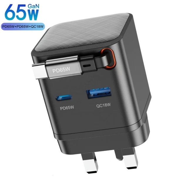 Fast Charging Travel Home Plug Adapter 3 Ports Retractable Cable 65w Portable Adapter Phone Laptop Chargers Gan Charger