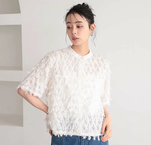 Blus Wanita Putih Berumbai Setengah Kancing Lengan Pendek Longgar Bertekstur Atasan Tunik Kasual Musim Panas Pakaian Sehari-hari Kemeja Wanita - Product Image 2
