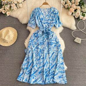 Nuevo Vestido Casual con Estampado Chic y Gran Dobladillo, Cuello en V, Manga Corta, Cintura Alta con Cordones para Mujer - Product Image 4