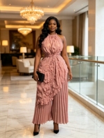 Ensemble pantalon plissé maxi élégant et décontracté pour femme, couleur unie, qualité supérieure, style africain original, grandes tailles