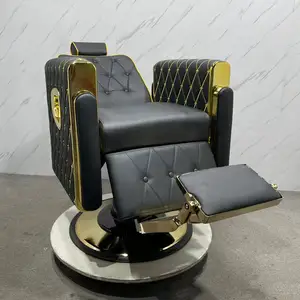 Cadeira luxuosa de salão de beleza estilo vintage para cabeleireiro, base dourada retrô, cadeira preta de barbeiro para barbearia