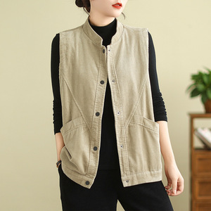 Custom Logo Women's <strong>Mustard</strong> Yellow Corduroy Stand Collar Sleeveless Vest Button Down <strong>Waistcoat</strong> Casual Vest - Product Image 2