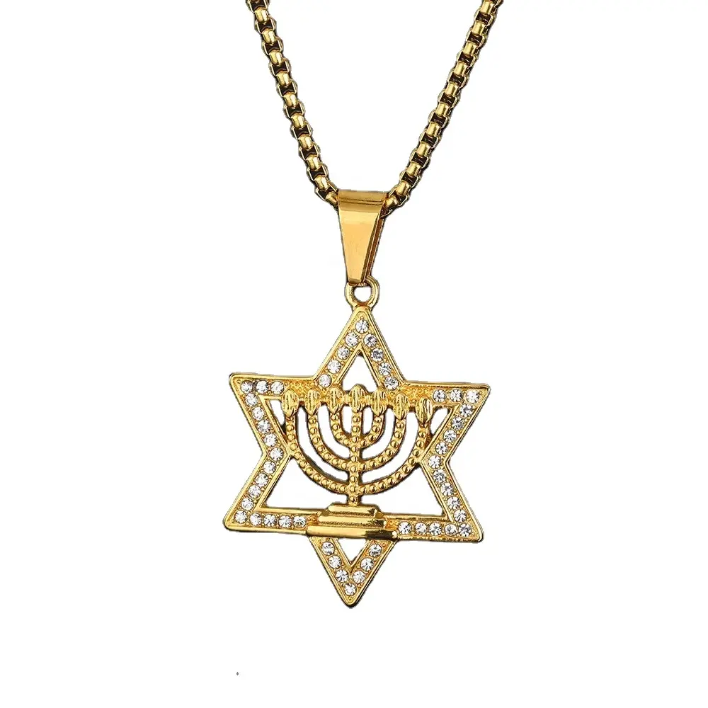 Men Hip Hop Jewish Religious Israel Amulet Jewelry Necklace Stainless Steel Hip Hop Star of David Menorah Necklace