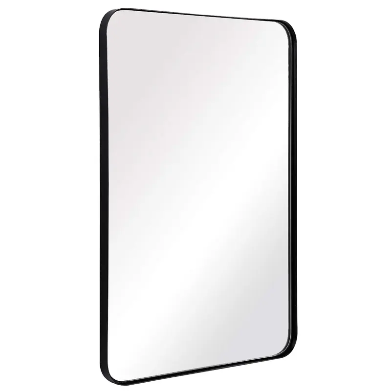 Espelho de parede para espelho do banheiro, armação de metal de aço inoxidável com canto arredondado, painel de vidro retangular