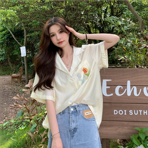 Camicetta estiva a maniche corte da donna Design minimalista Vintage con ricamo in Chiffon in Chiffon camicia ampia - Product Image 1