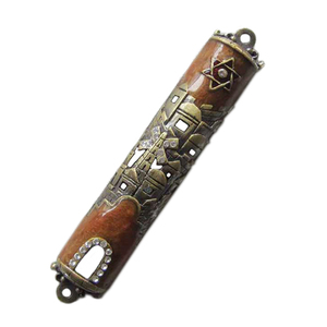 Custodia per Mezuzah in Lega Metallica con Design a Spirale, Smaltata a Mano e Decorata con Gioielli, Colore Oro Antico e Blu Pesca # P32031a) - Product Image 1