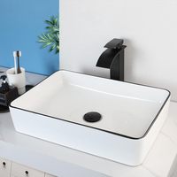 Wastafel Keramik Putih Modern 20 Inch Bentuk Persegi Panjang dengan Keran Waterfall dan Sistem Pembuangan Pop-up Satu Lubang di Tengah