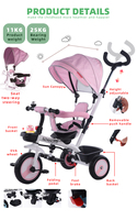 Nuevo modelo 4 en 1 Triciclo de bebé de alta calidad con asiento giratorio 360 rueda EVA altura ajustable mano empujar triciclo para niños