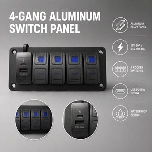 لوحة مفاتيح روكر رباعية مع شاحن سريع USB-C PD45W QC18W، 12 فولت 20 أمبير، 24 فولت 10 أمبير، لوحة ألومنيوم DAMAVO للسيارات والقوارب والمركبات الترفيهية - Product Image 2
