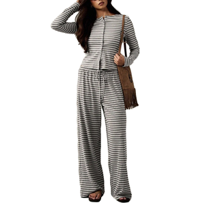 Conjuntos de Pijamas a Rayas de Moda para Mujer, Ropa de Dormir de Algodón y Spandex de Manga Larga, Venta al por Mayor - Product Image 1