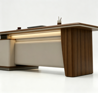 Bureau de direction moderne de luxe en forme de L avec bande lumineuse LED et tiroirs, poste de travail en bois pour PDG avec armoire latérale