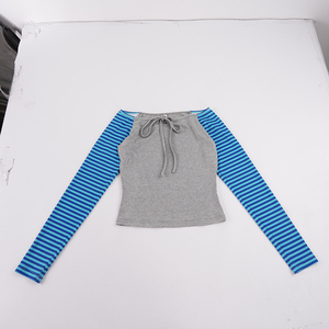 Fashion Y2K Women Splicing Color Block <b>Raglan</b> Sleeve Striped Long Sleeve <b>Top</b> Tie Keyhole Neck Slim Cropped Fitted Casual Tee - Product Image 6