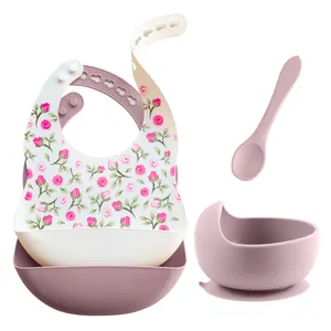 TONGTU New Arrival Non-Toxic Baby Feeding Kids Dining Set Printing Silicone Bibs And Bowl Spoon Set For Kids Toddler