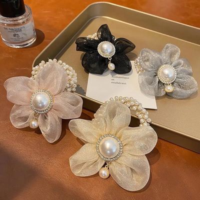 Оптовая продажа, модные эластичные резинки для волос с жемчужинами и кристаллами, Женская резинка для волос из органзы с цветами, красивые тканевые резинки для волос