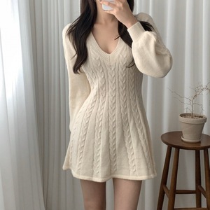 Abito in <span class=keywords><strong>Maglia</strong></span> <span class=keywords><strong>di</strong></span> Lana a Linea A con Scollo a V e Maniche a Campana, Motivo Retrò in Canapa, Moda Primavera-Autunno per Donne - Product Image 5