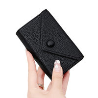 Dompet Kartu Kredit Wanita Lucu Warna Hitam dari Kulit PU Bertekstur, Dapat Diperluas dengan Kancing, Dilengkapi RFID Blocking, Model Amplop