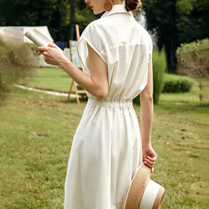 Robe chemise sans manches blanche pour femme, col vintage, taille haute, coupe trapèze, longueur midi, élégante, personnalisable avec logo OEM, vente en gros - Product Image 2
