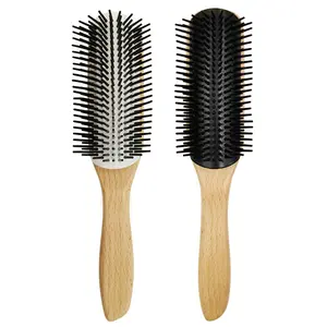 卸売プロフェッショナルバンブーハンドルナイロンクッションヘアブラシ取り外し可能なヘッド9列ベントスタイリングヘアコームブラシ