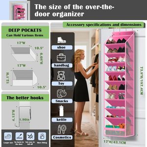 Over The Door <b>Shoe</b> Organizer 10 Pockets Pink Hanging Rack For <b>Shoes</b> Behind Door Wall Storage Mesh Fabric <b>Hook</b> Type - Product Image 2