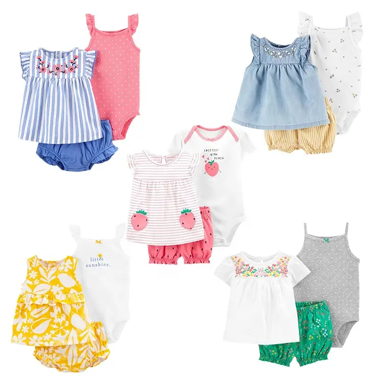 Wholesale 3 pieces baby clothing set newborn sleeveless romper short sleeve pants 3-6 month baby girl clothes